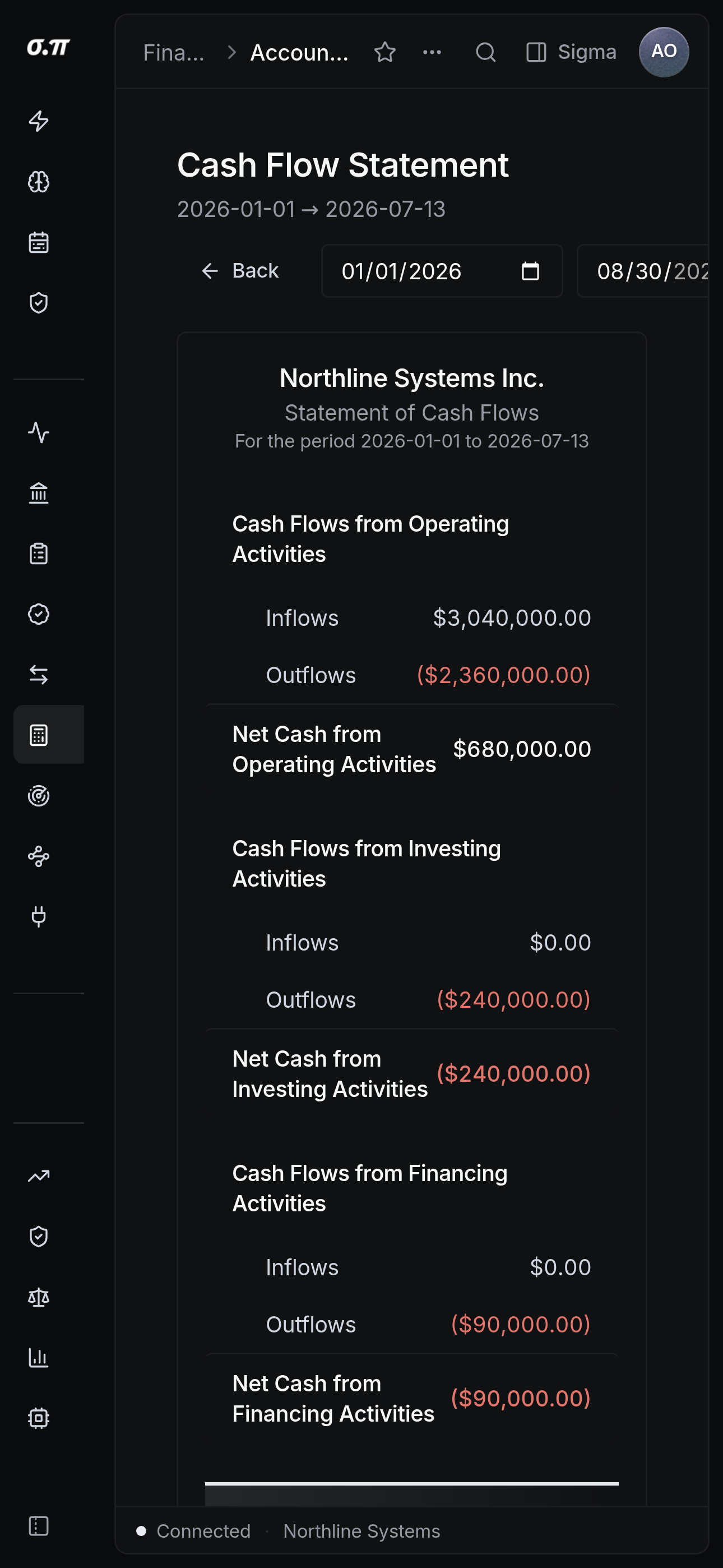 Cash flow statement on iPhone 15 Pro Max
