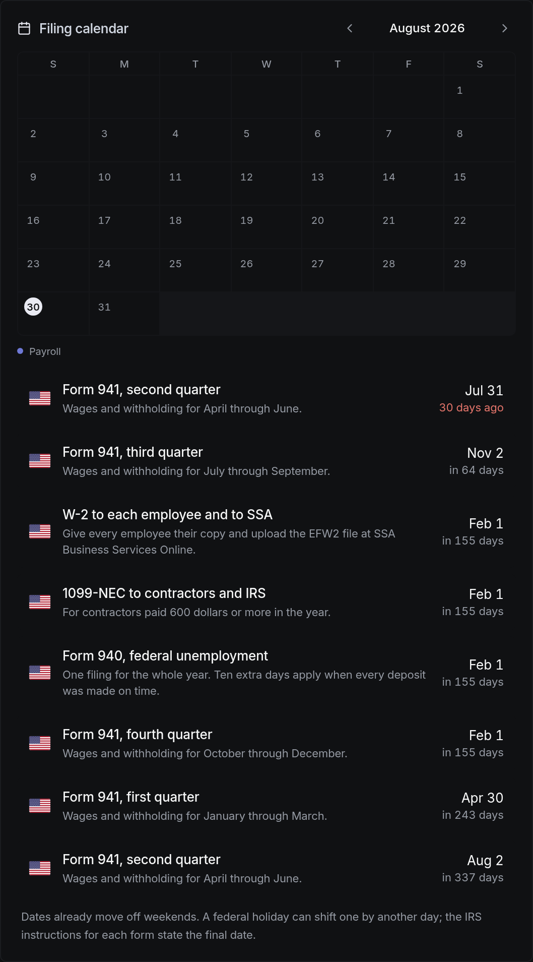 Filing calendar