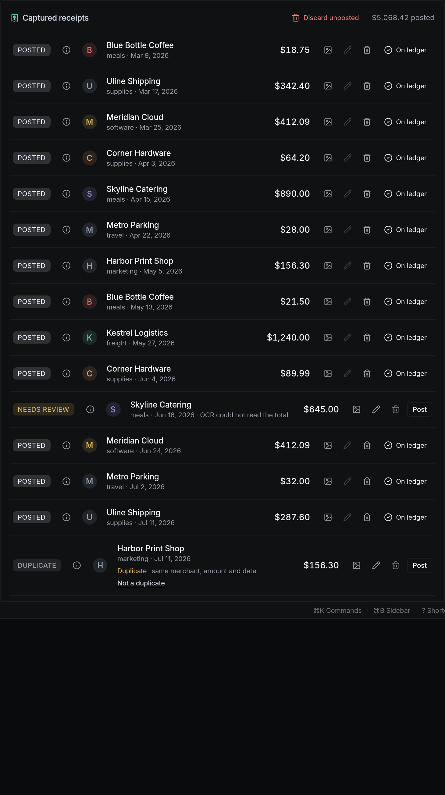 Captured receipts