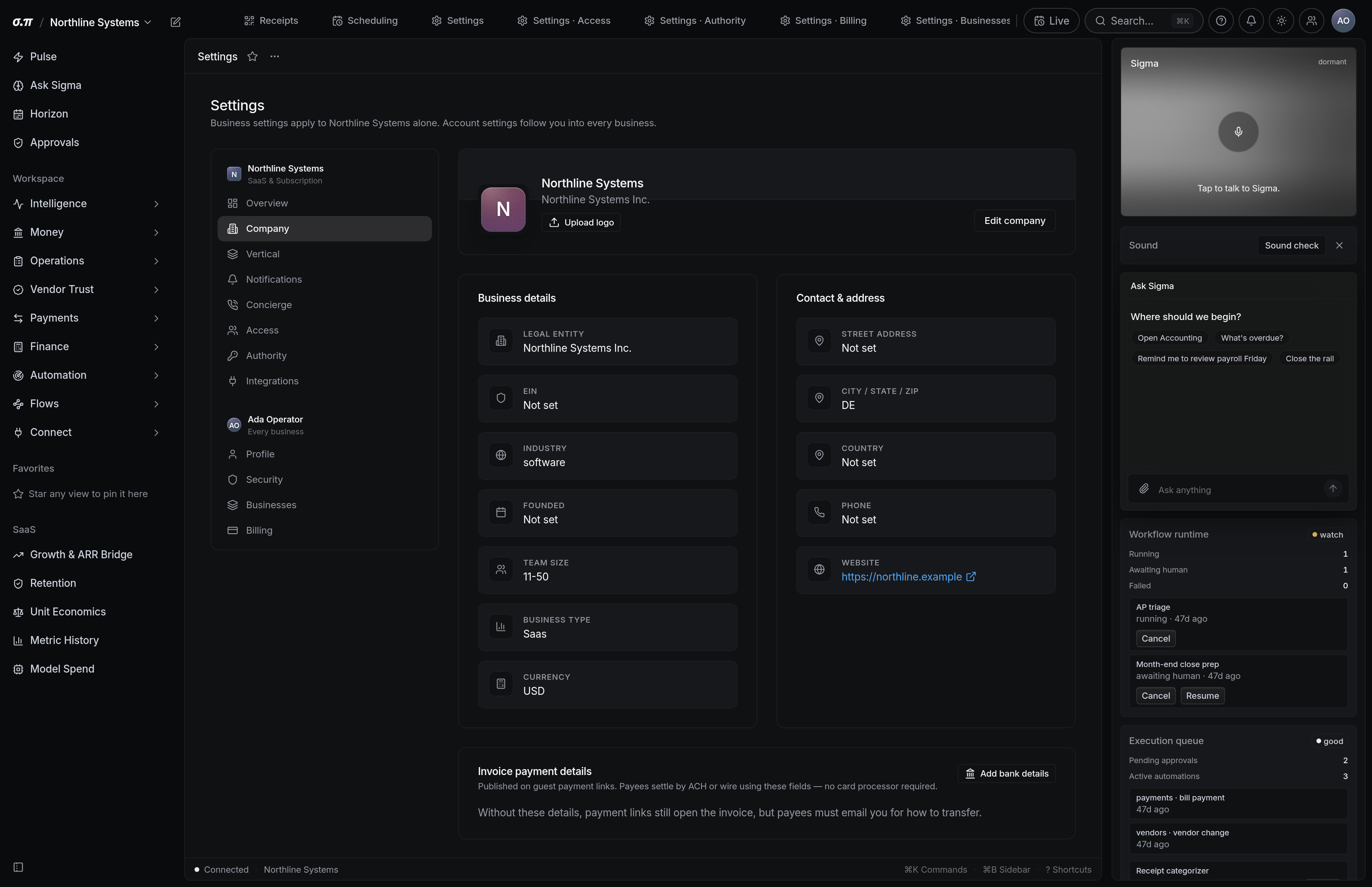 Company settings in SigmaPointPi