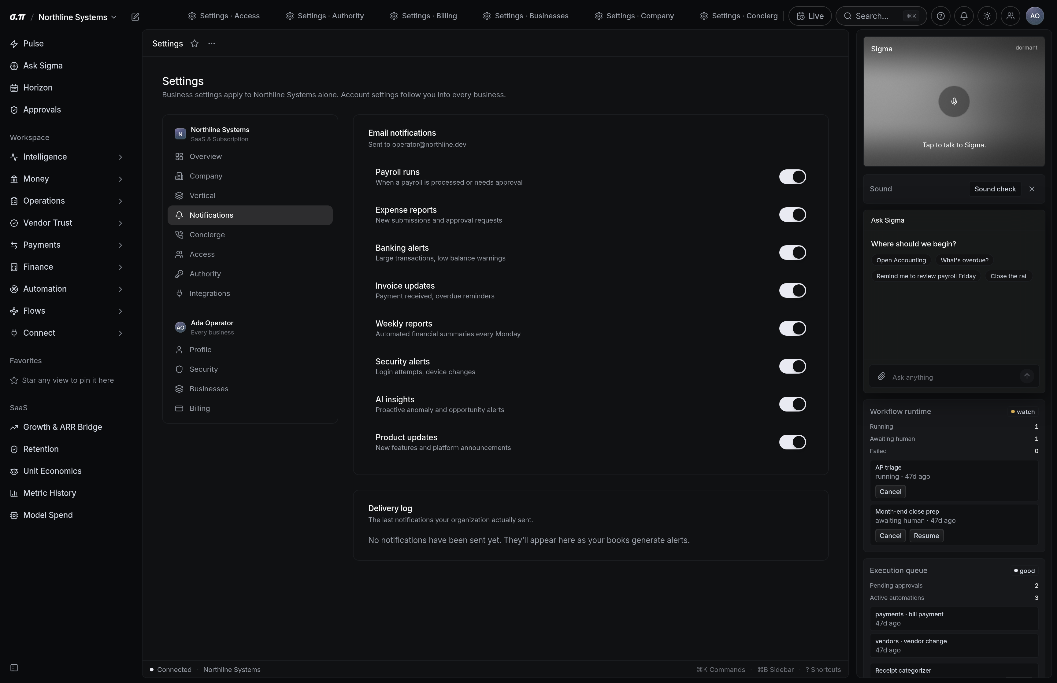 Notification settings in SigmaPointPi